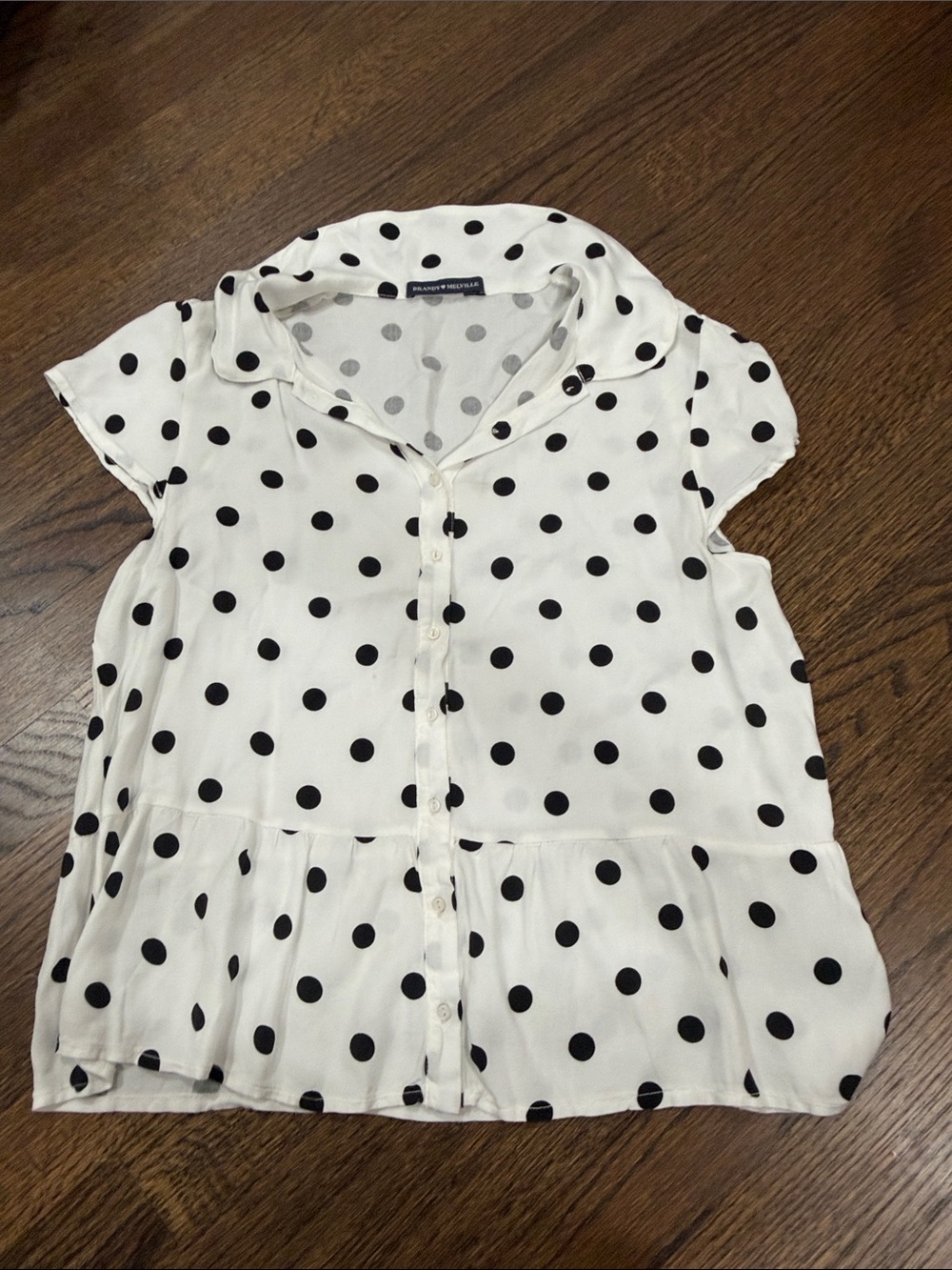 Brandy Melville Polka Dot Short Sleeve Button-Front Blouse - Black/White